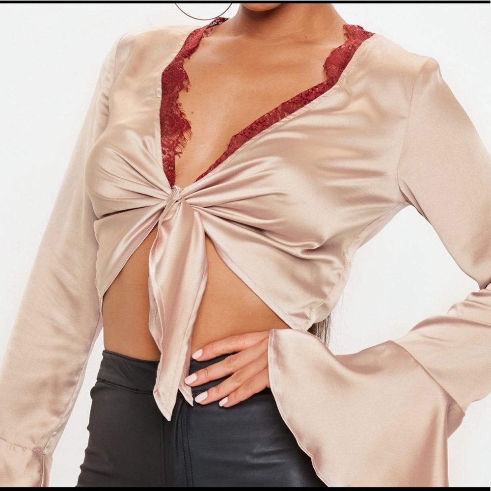 Missguided Pink Silk Red Lace Tie front top